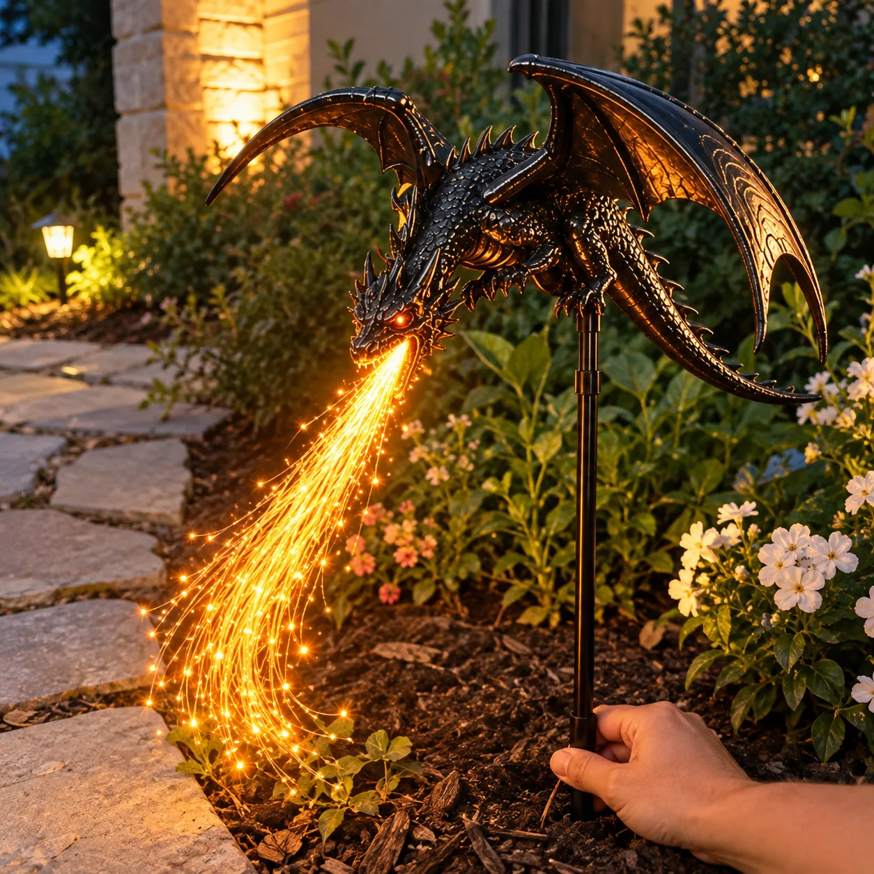 Hand steckt den Solar-Drachenstecker in Gartenerde