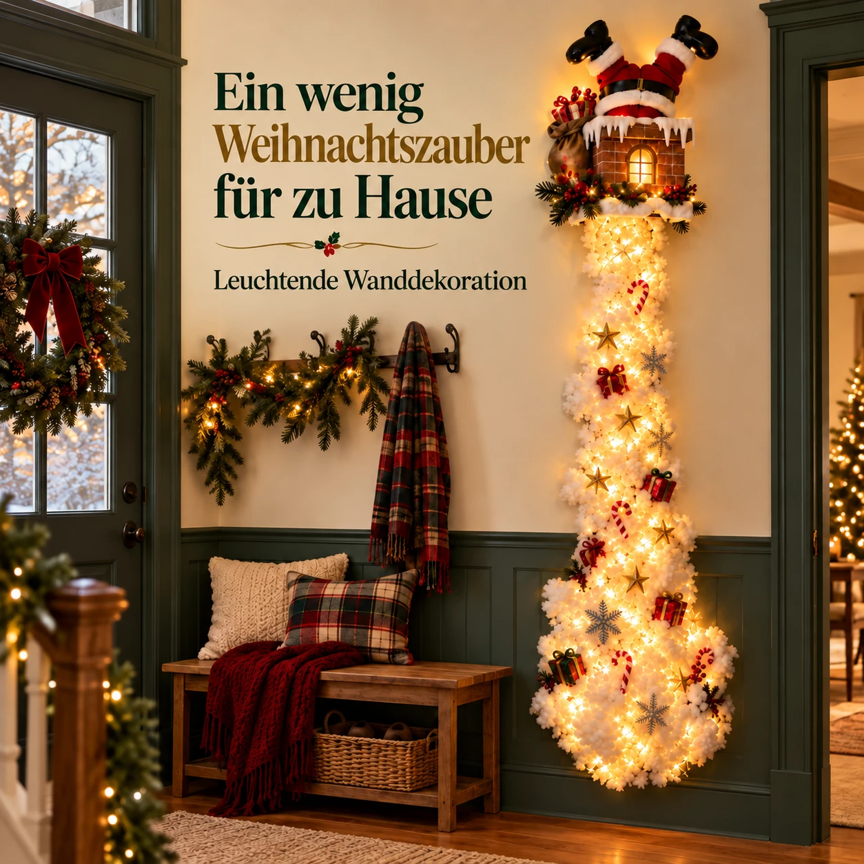 Weihnachtsmann-Kamin-Wanddekoration mit leuchtender Schneekaskade