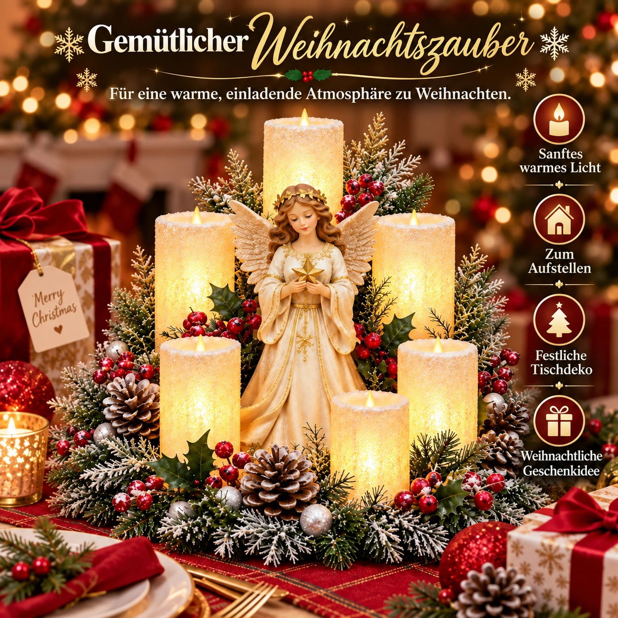 Weihnachtliches Tischgesteck mit flammenlosen Kerzen | Wählen Sie Ihren Stil