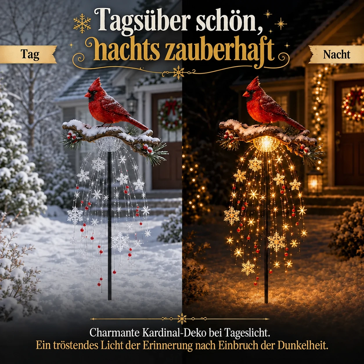 Beleuchteter Weihnachts-Gartenstecker mit Kardinalvogel und Erinnerungsbrunnen