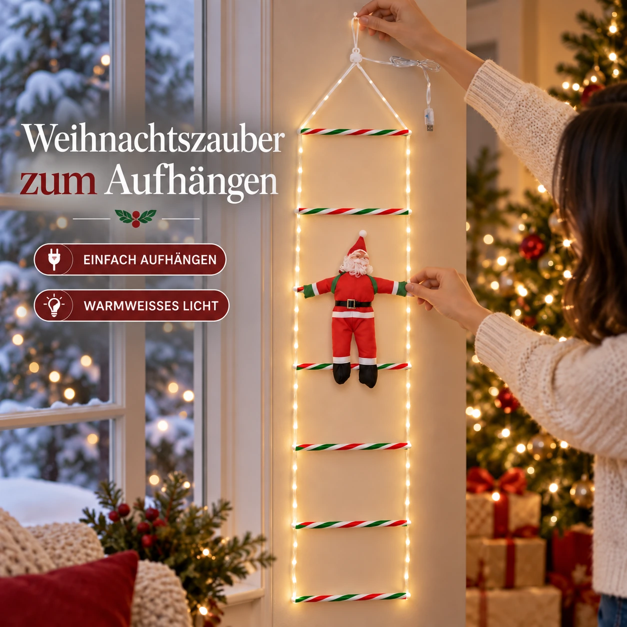 LED-Weihnachtsleiter mit kletterndem Weihnachtsmann und Fernbedienung