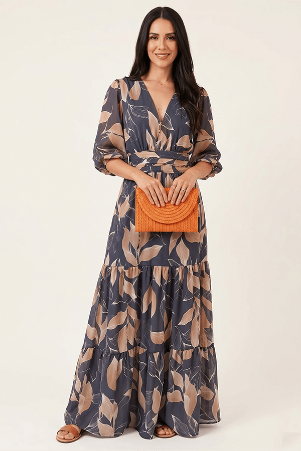 Bohemian Floral Maxi Dress for Women – V-Neck Puff Sleeve Summer Dress
