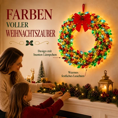 Beleuchteter Weihnachtskranz mit bunten Glühbirnen