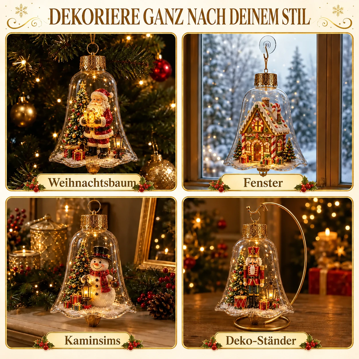 Warm leuchtender Weihnachtsglocken-Anhänger mit Miniaturszene