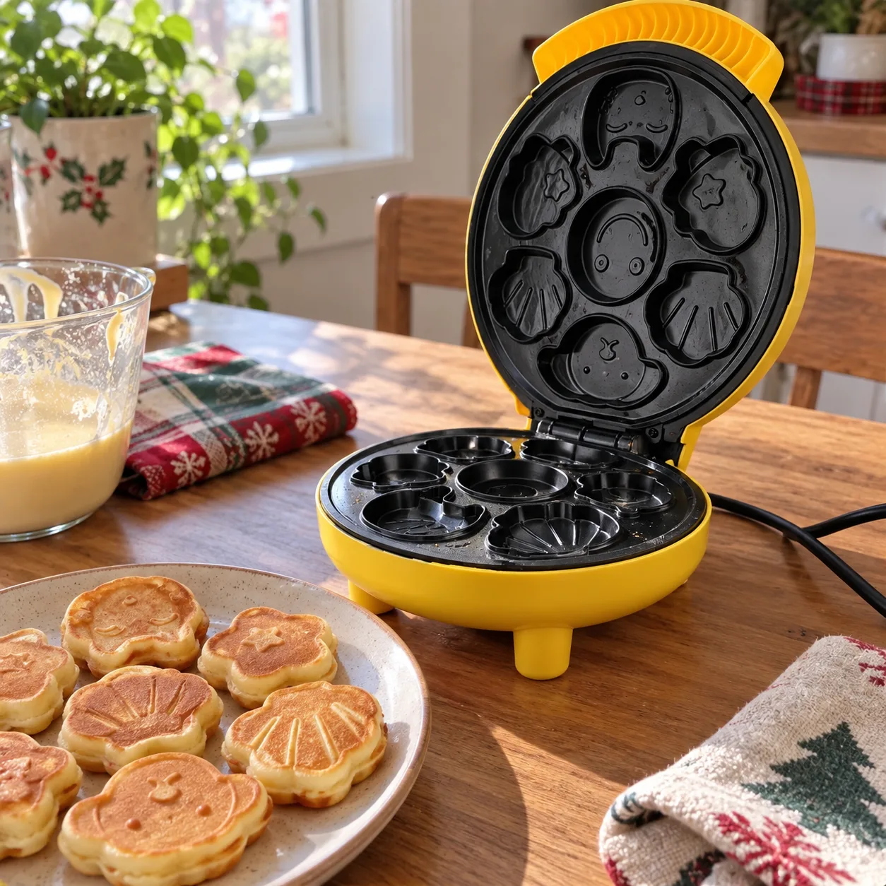 Batter and shaped pancakes next to the seven-cavity maker