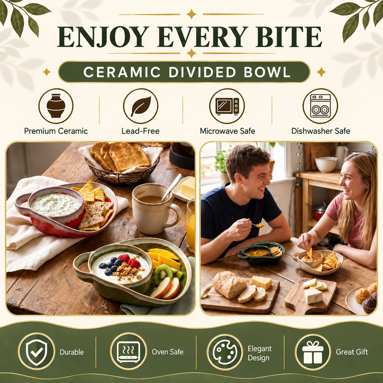 🥣 Handcrafted Divided Ceramic Serving Bowl with Side Handle 🔥