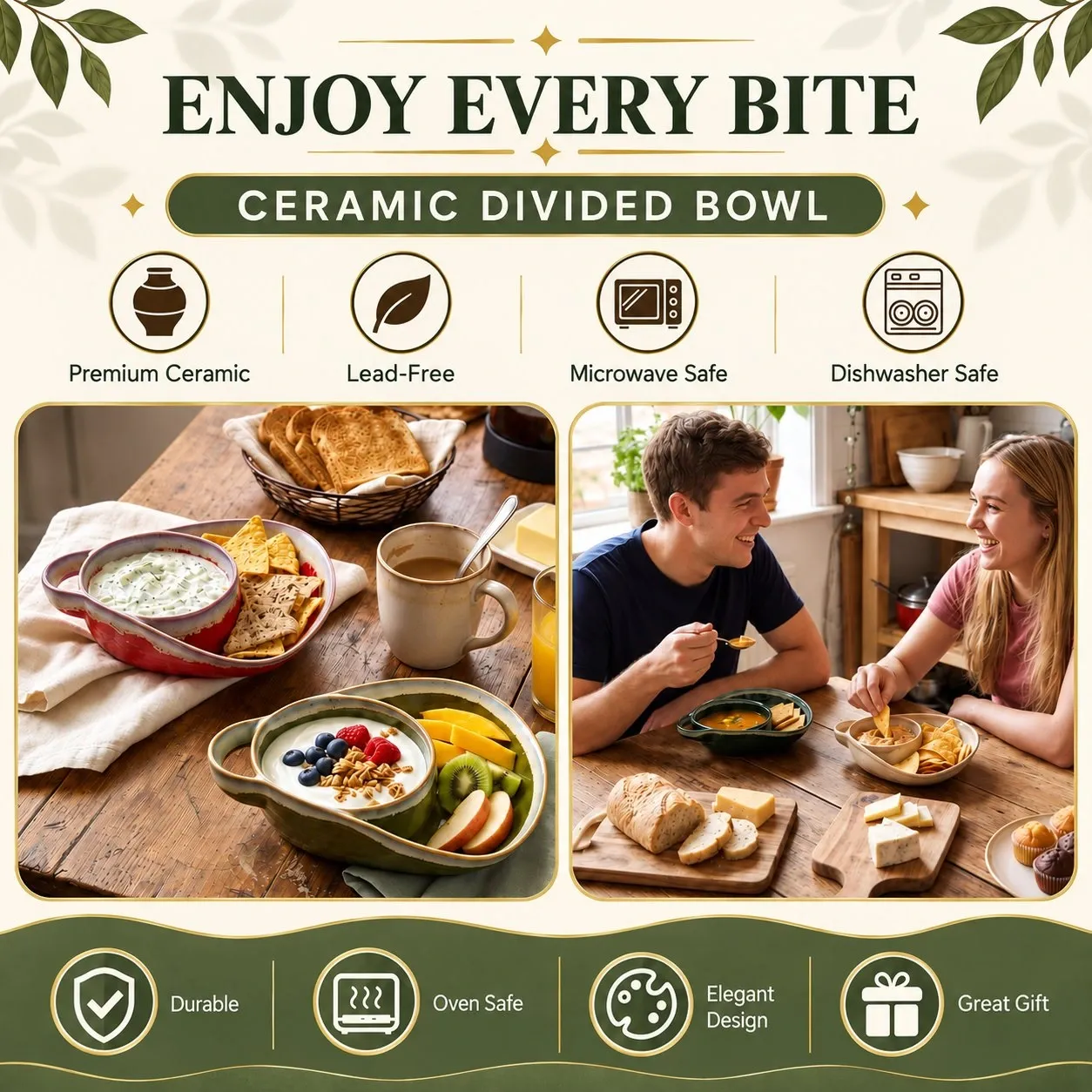 🥣 Handcrafted Divided Ceramic Serving Bowl with Side Handle 🔥