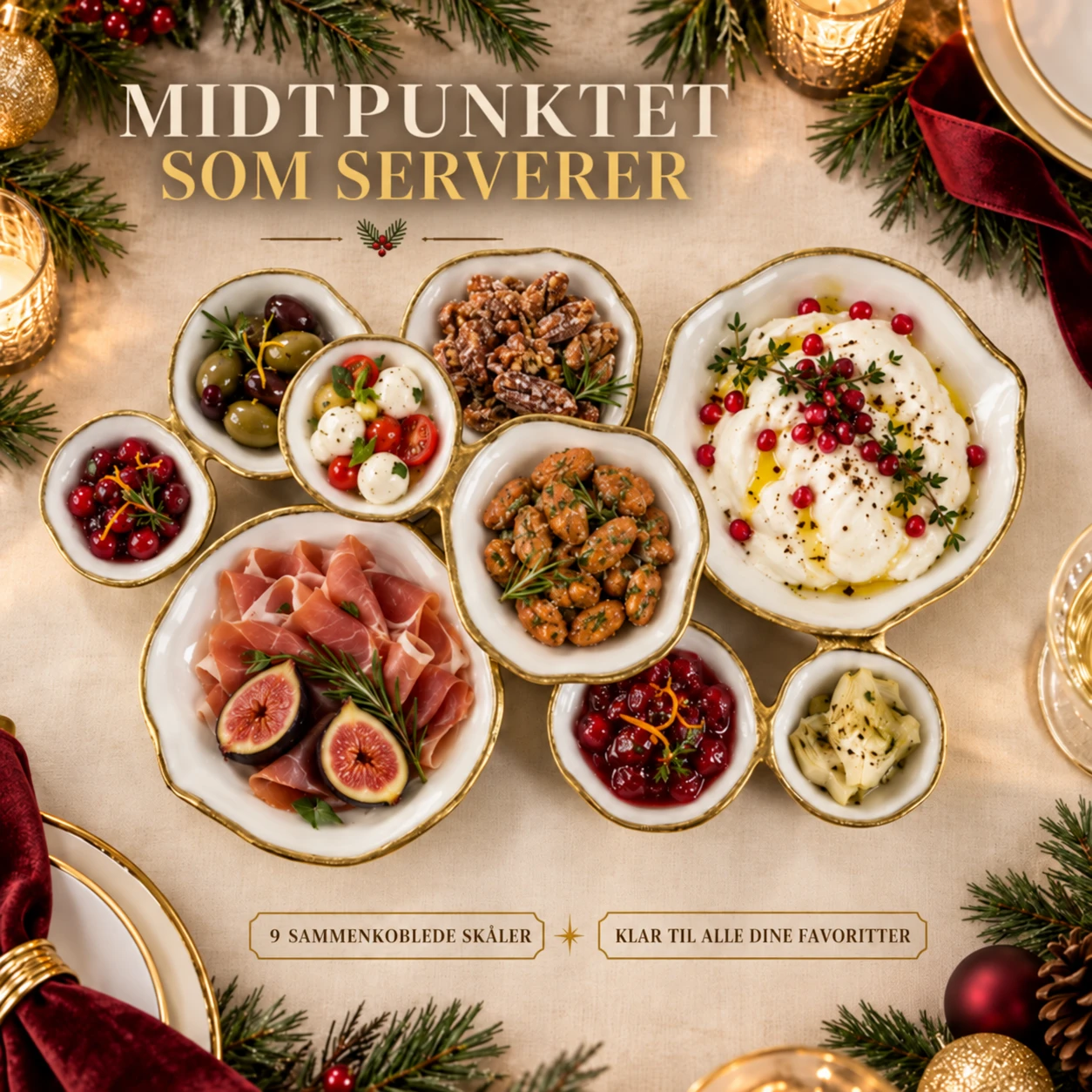 Golden Gathering – serveringsfat med 9 skåler | Hvitt &amp; gull