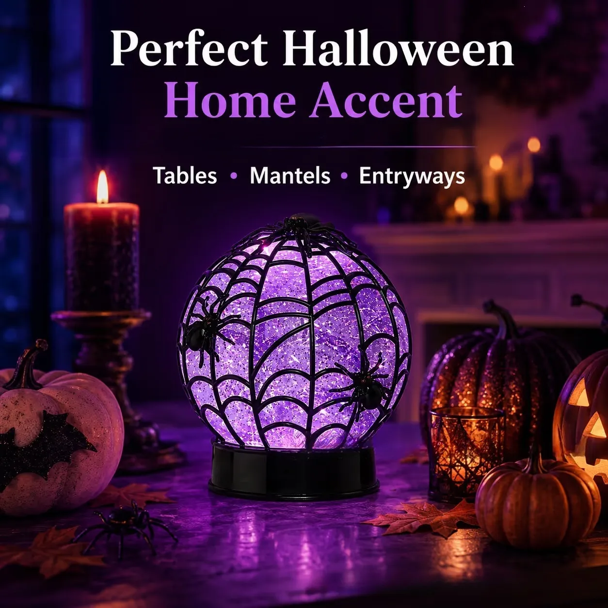 Halloween-kuglelampe med hvirvlende glimmer og spøgelser eller edderkopper