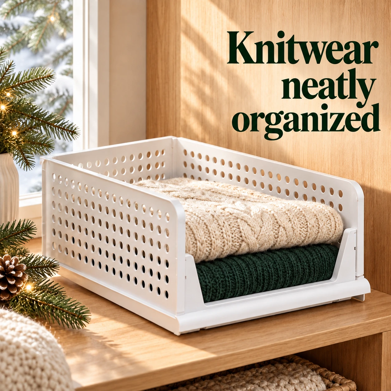 One white basket with sorted knitwear beside a window