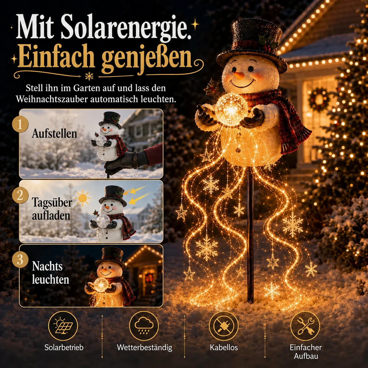 Solar-Weihnachtsgartenlicht mit Schneemann und magischem Fontäneneffekt