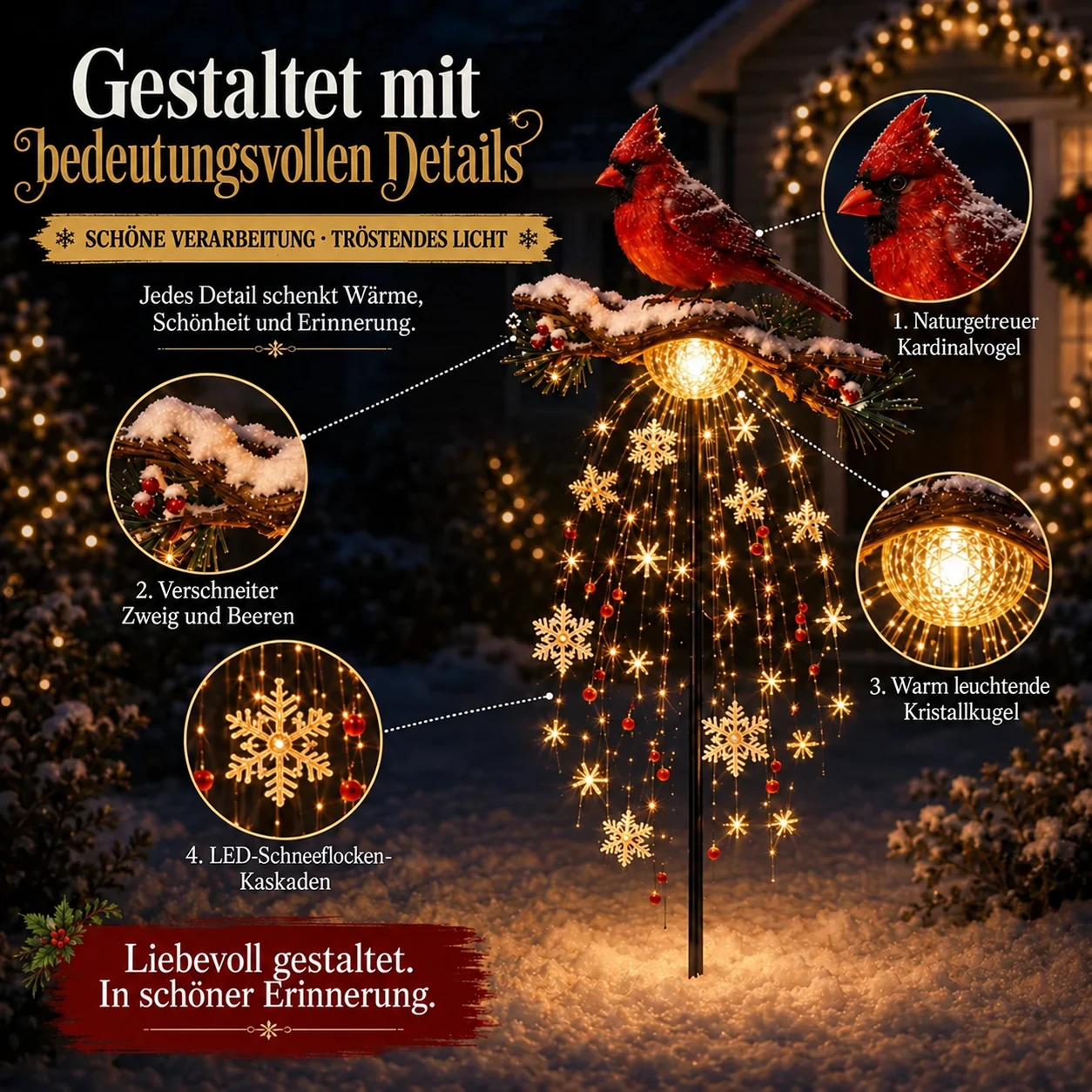 Verarbeitung und beleuchtete Details des Kardinalvogel-Gartensteckers