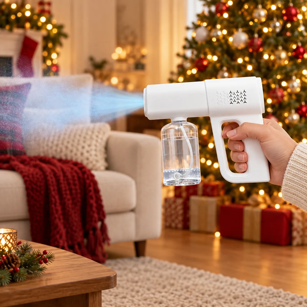 White K5 Pro mist sprayer in a Christmas living room