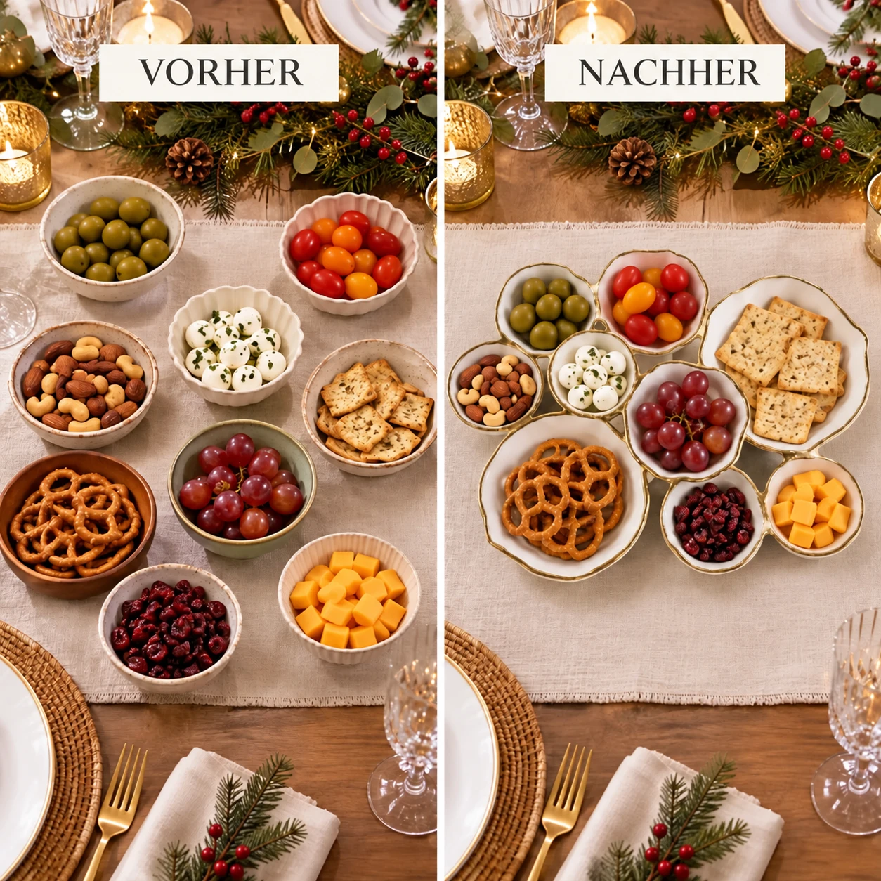 Einzelne Snackschalen im Vergleich zu einem verbundenen Servierensemble mit neun Schalen