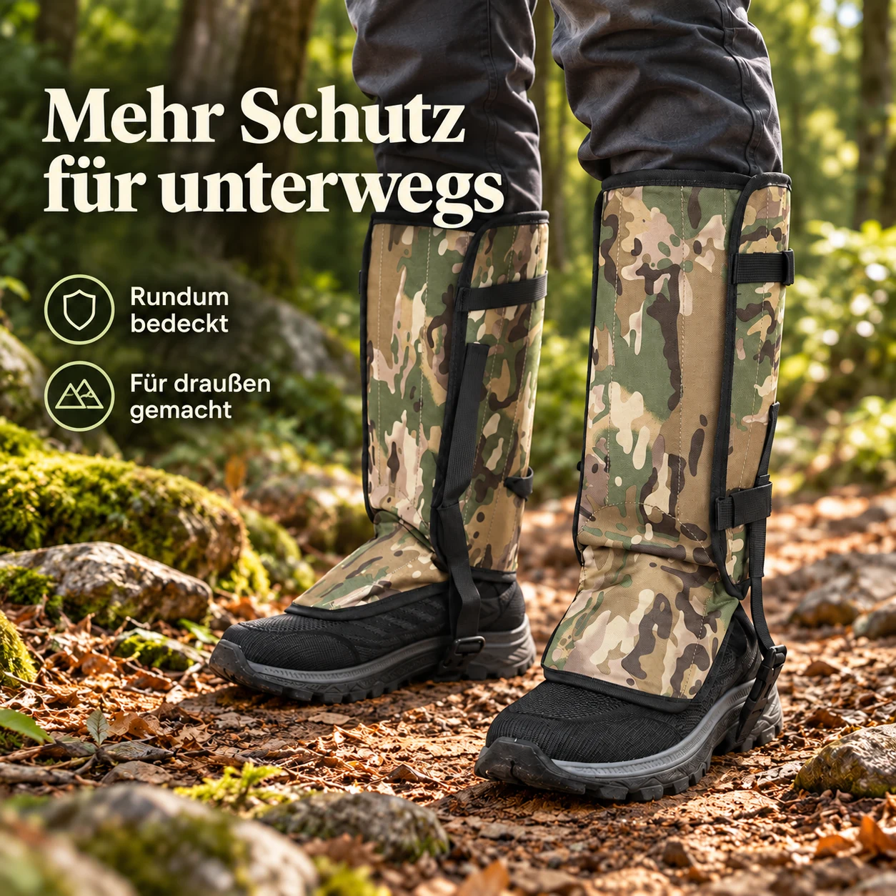 Gamaschen in Tarnmuster bedecken Unterschenkel und Schuhoberseiten auf einem Waldweg