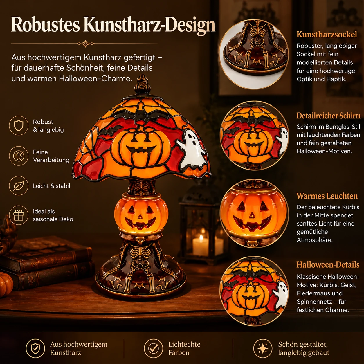 Halloween-Tischlampe im Buntglasstil mit gemütlichem Licht