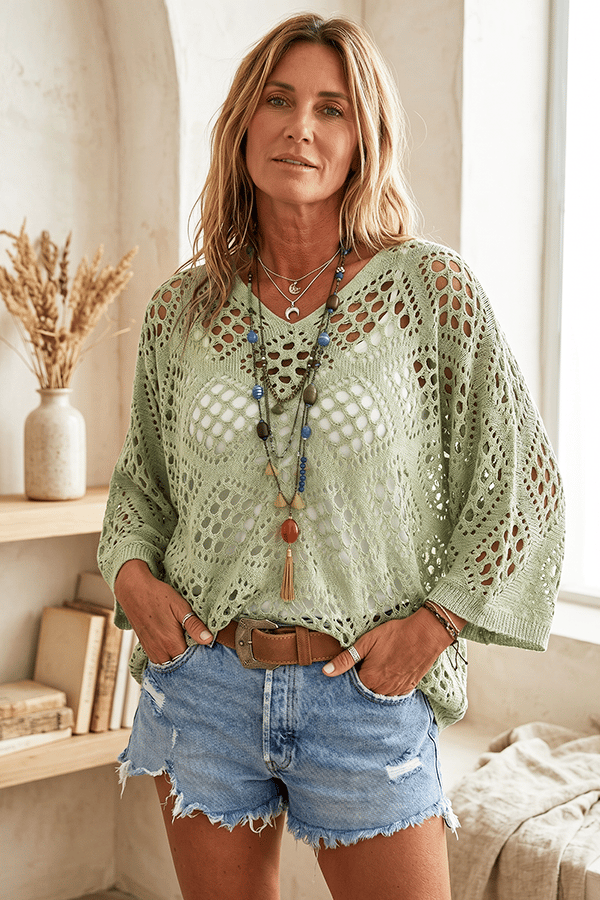 Women’s Crochet Beach Cover-Up Sweater – Lightweight Hollow-Out V-Neck Top（Buy 2 Free Shipping）