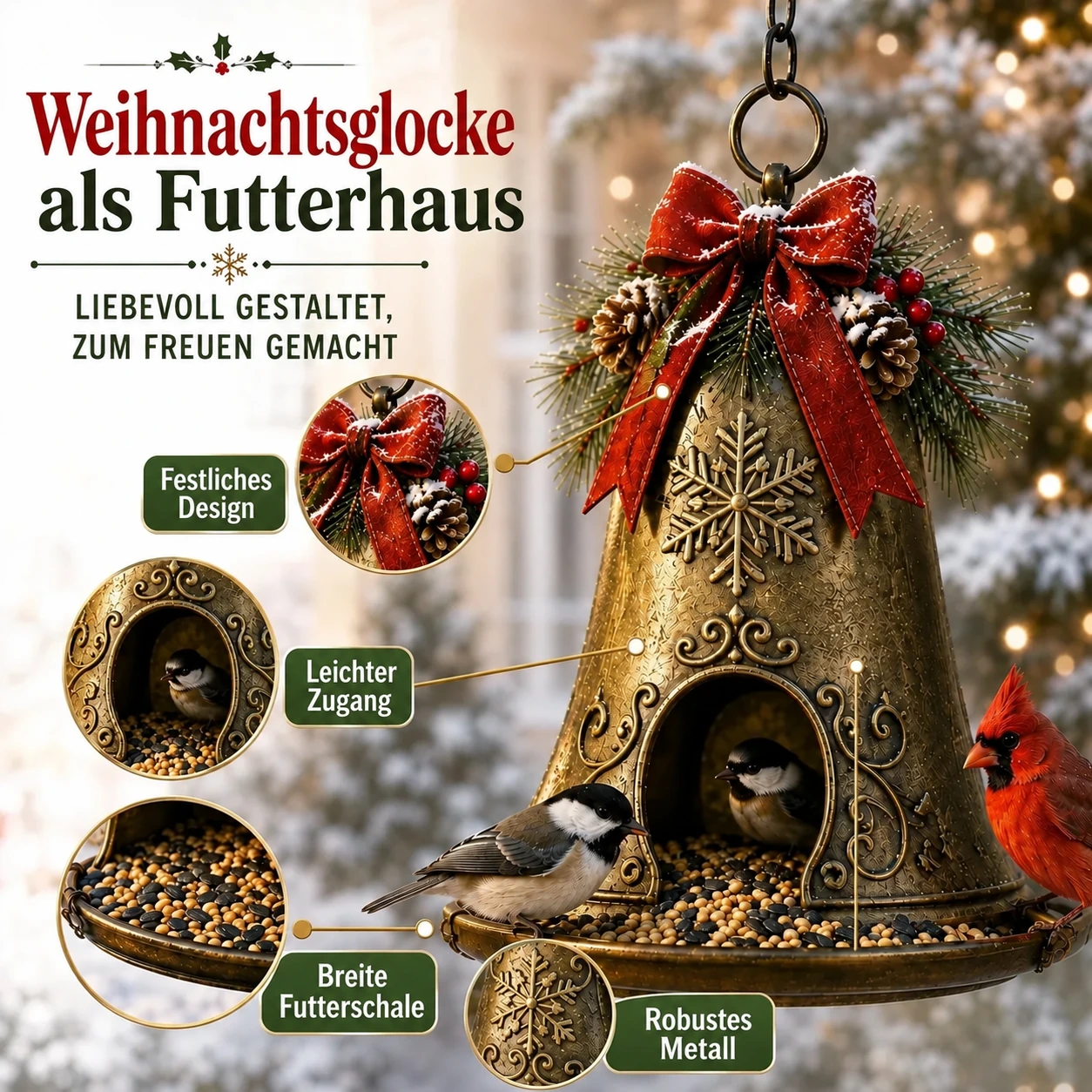 Hängende Vogelfutterstellen mit Weihnachtsfiguren