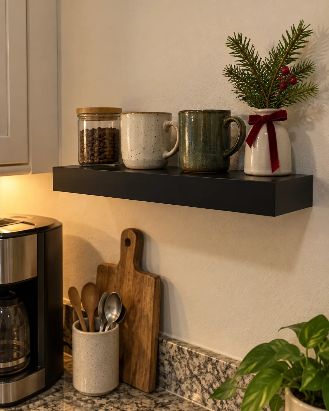 AI-generated customer-style photo of a black shelf in a kitchen