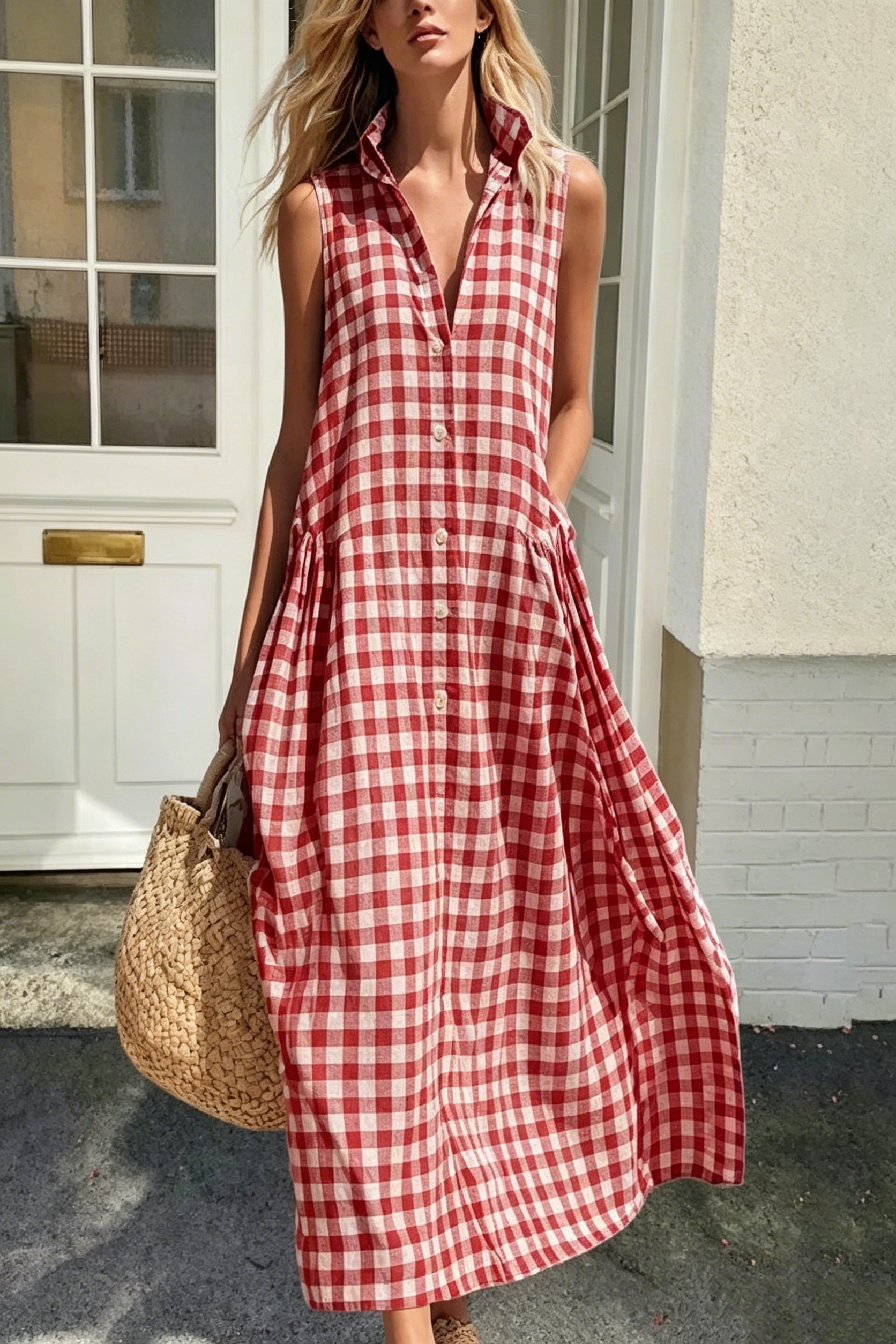 Women's Plaid Sleeveless Maxi Dress with Pockets（Buy 2 Free Shipping）