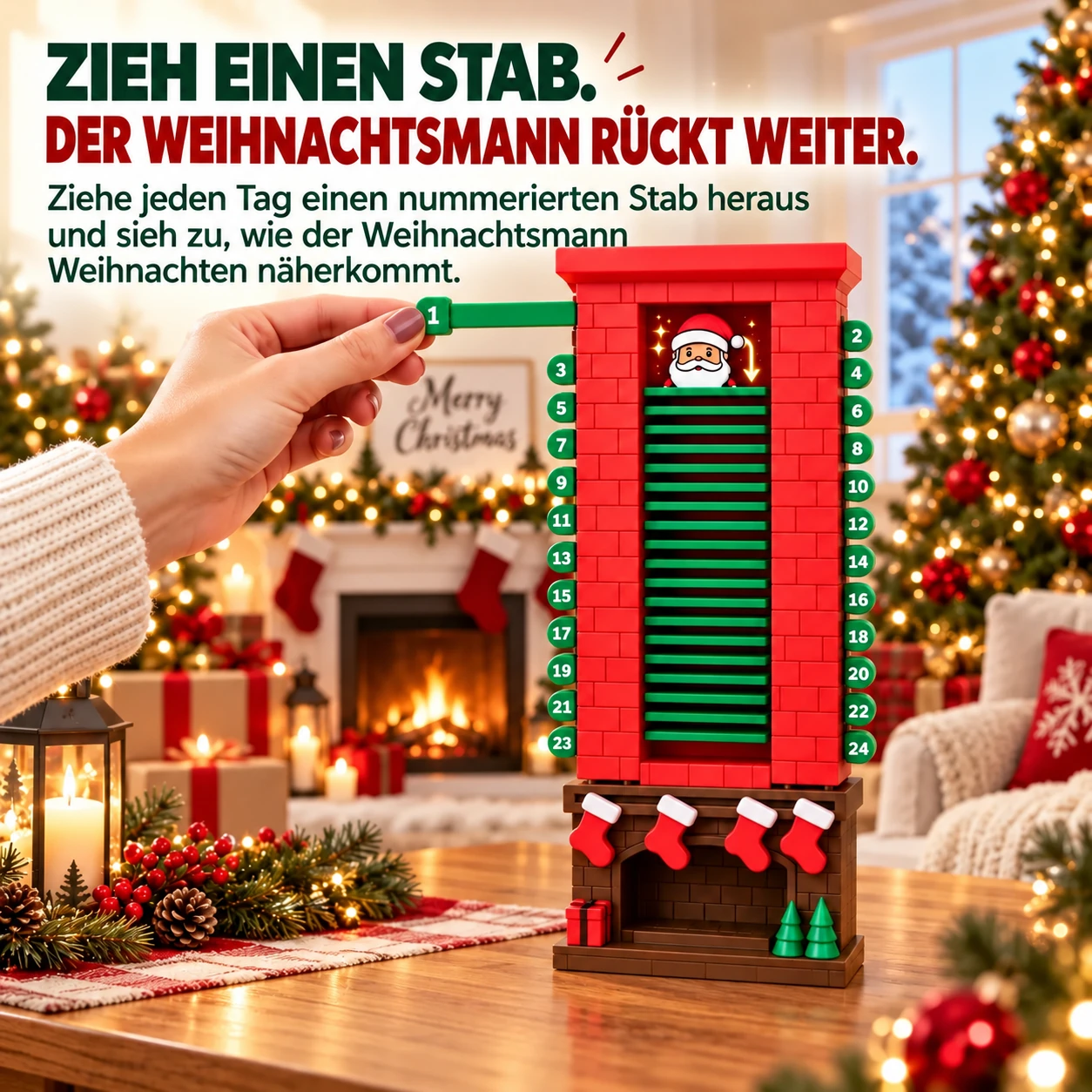 24-Tage-Weihnachts-Countdown-Kalender mit Weihnachtsmann im Kamin