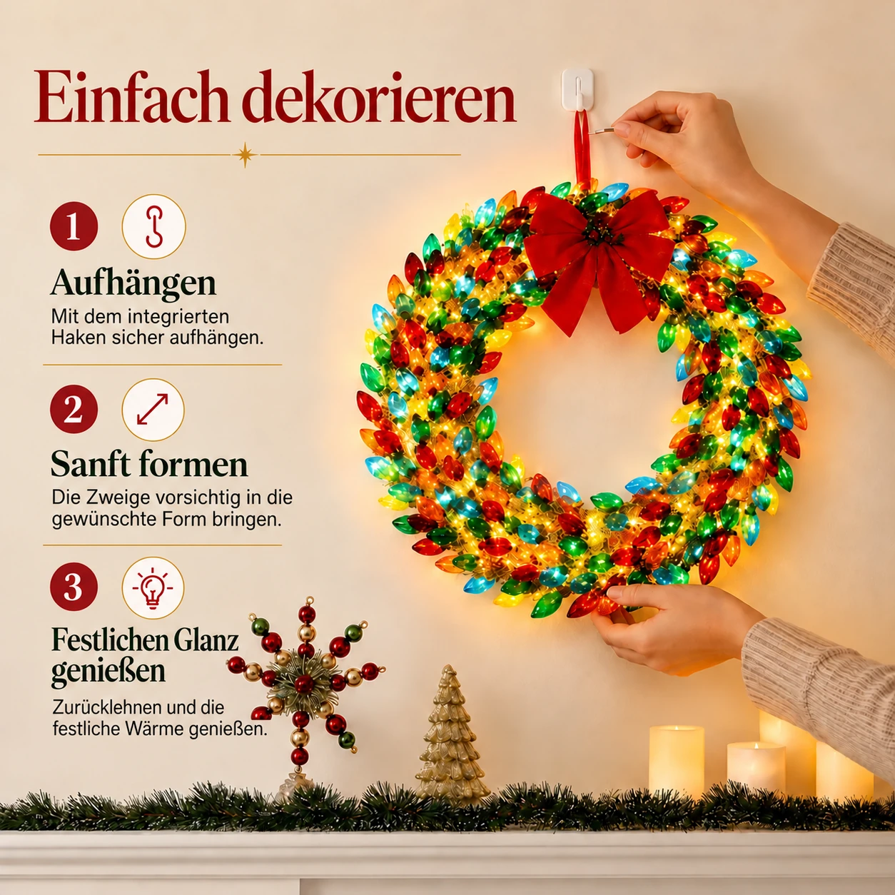 Beleuchteter Weihnachtskranz mit bunten Glühbirnen