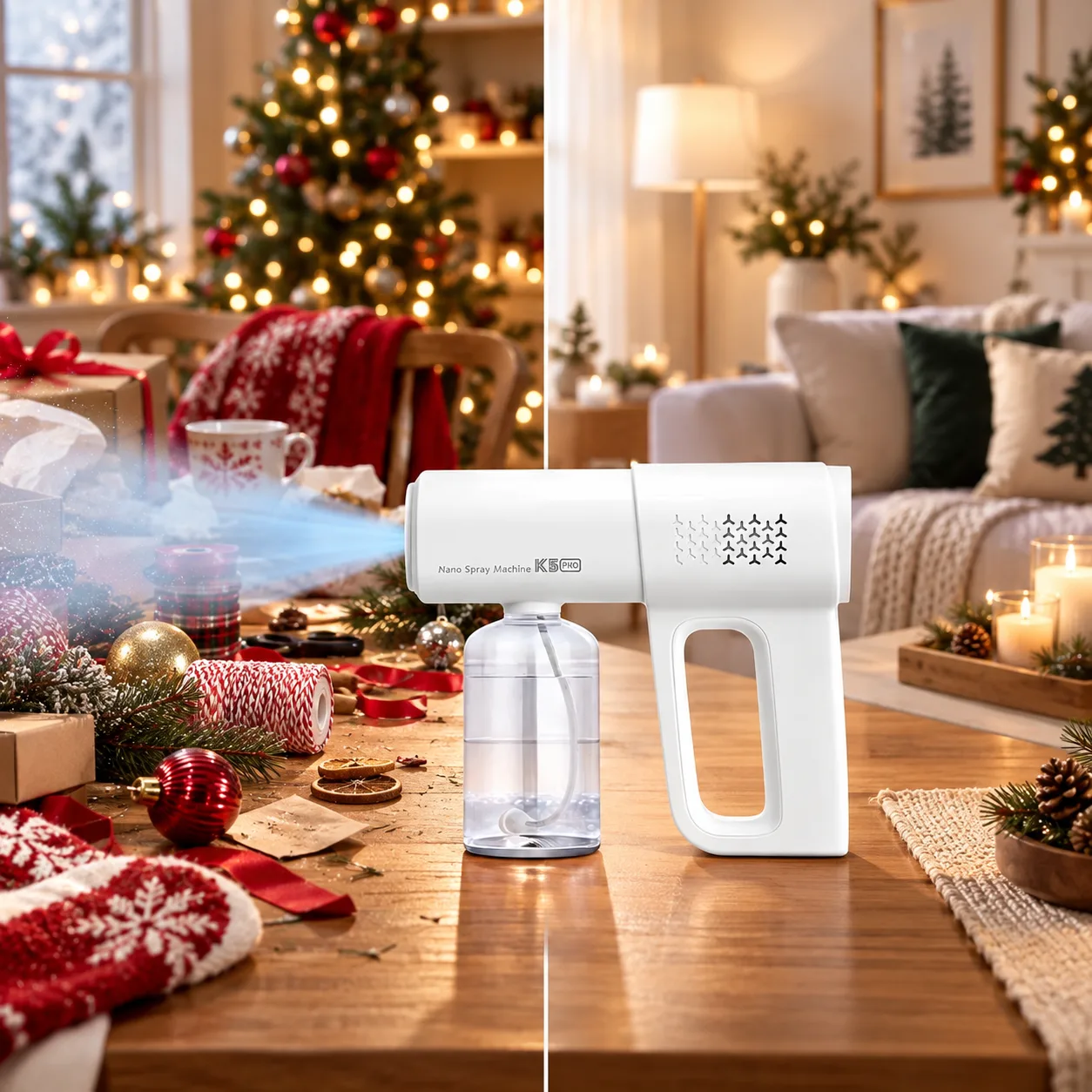 K5 Pro sprayer on a Christmas preparation table with two home scenes