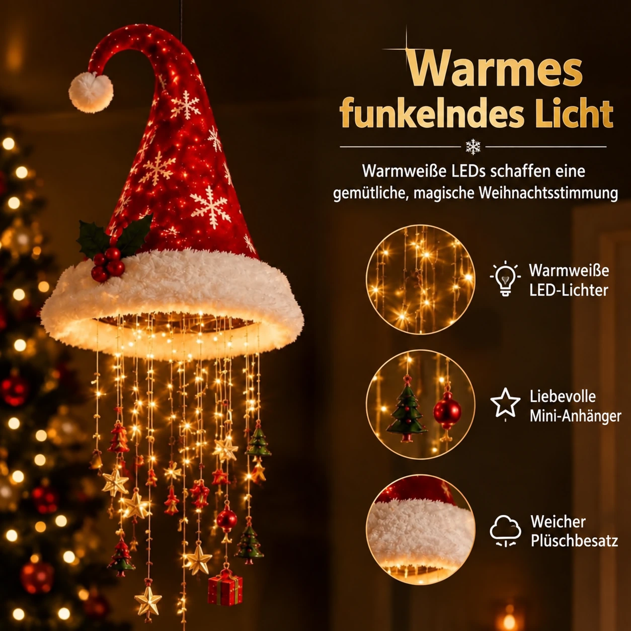 Beleuchteter Weihnachts-Hängeleuchter – Weihnachtsmütze, Baum und Glocken