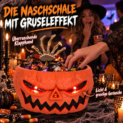 Animierte Halloween-Süßigkeitenschale mit Skeletthand, Licht und Ton