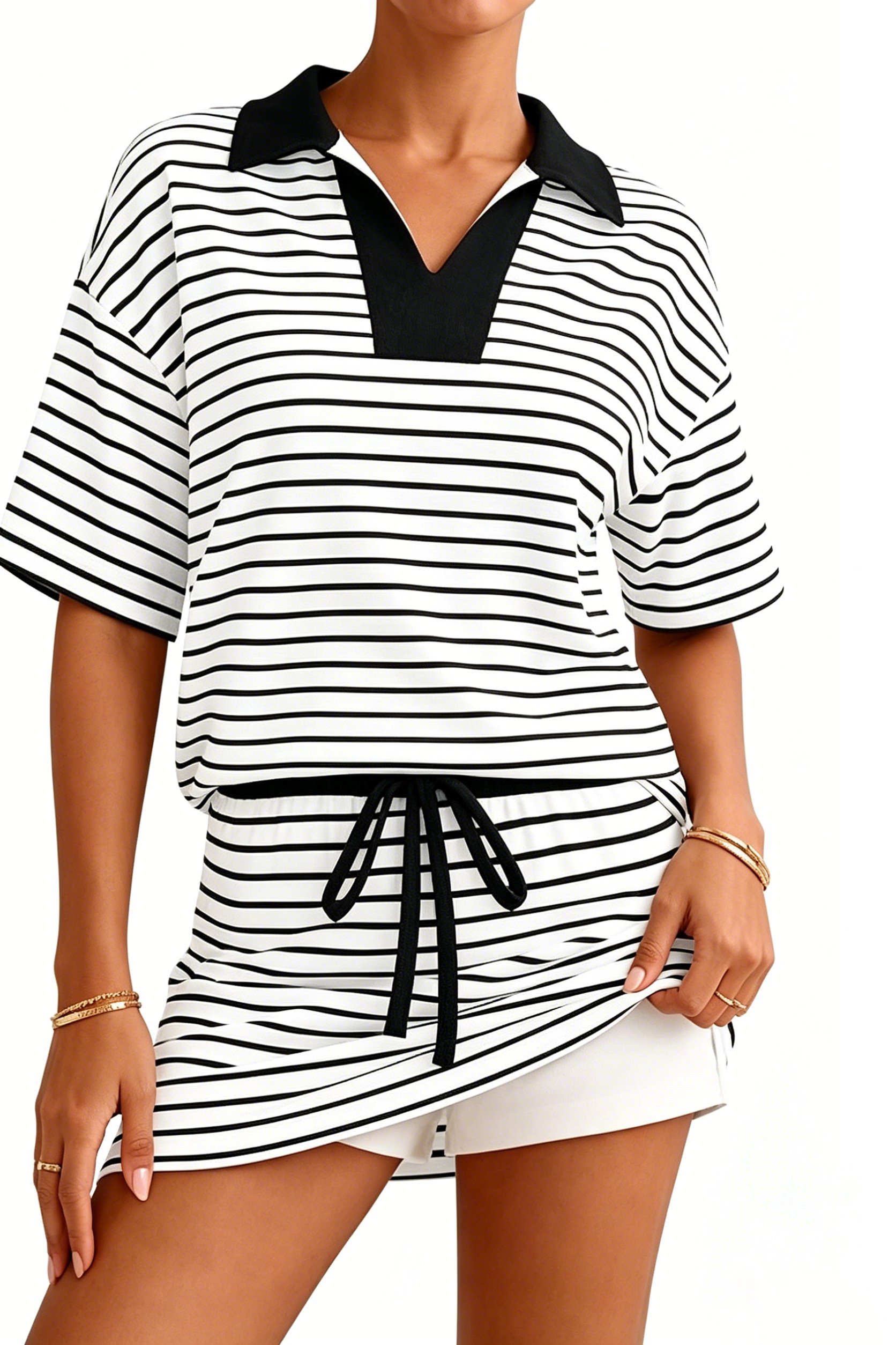 Striped Polo Top & Skort Lounge Set（Buy 2 Free Shipping）