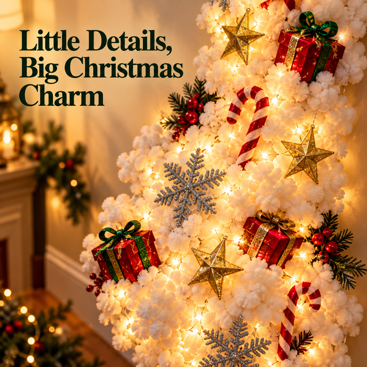 Candy cane, star, gift and snowflake details among the white hanging decoration