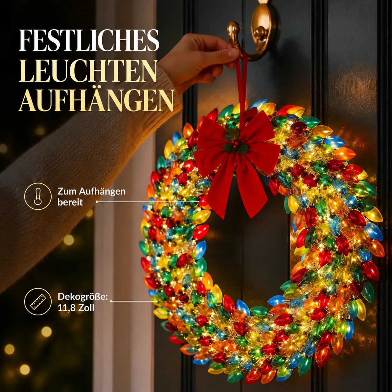 Beleuchteter Weihnachtskranz mit bunten Glühbirnen