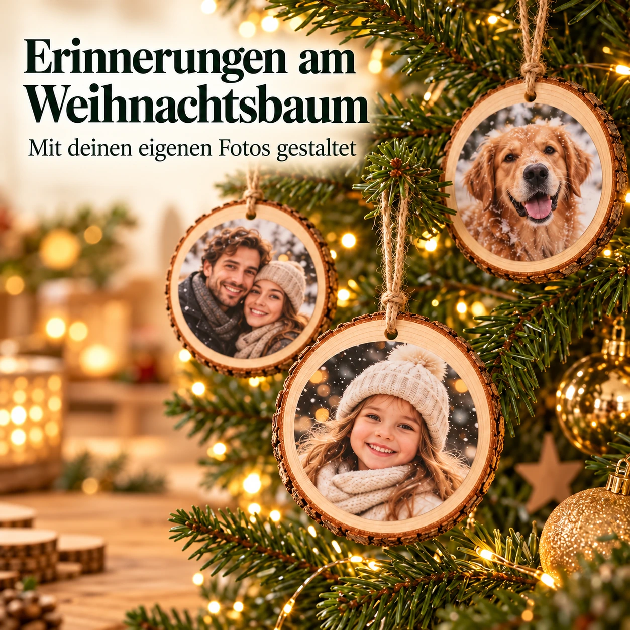 Fertige Fotoanhänger mit Familie, Kind und Hund am Weihnachtsbaum als Gestaltungsbeispiel