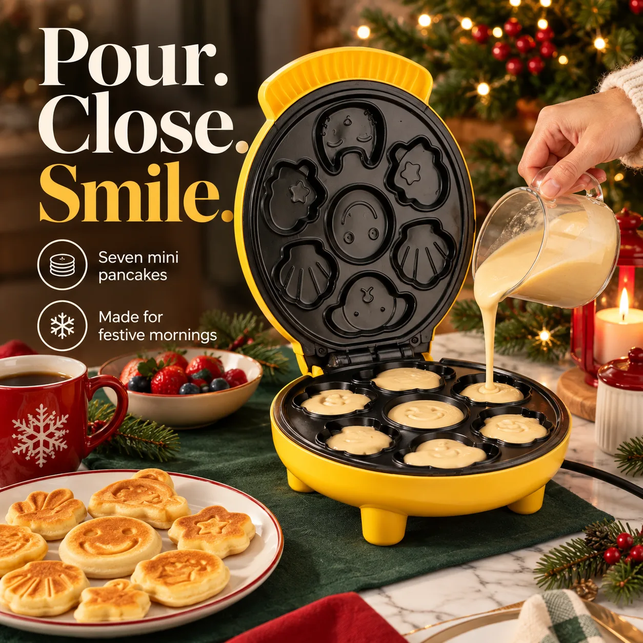 Batter poured into the yellow seven-cavity pancake maker