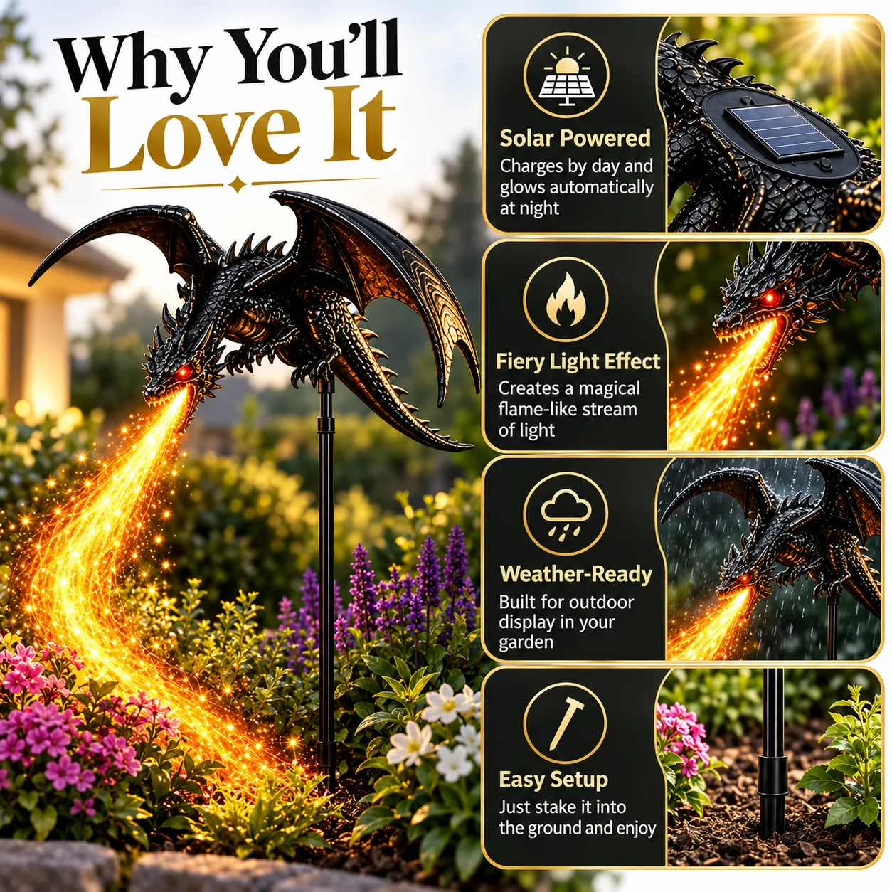 Funktionsübersicht der schwarzen Solar-Drachen-Gartensteckerleuchte