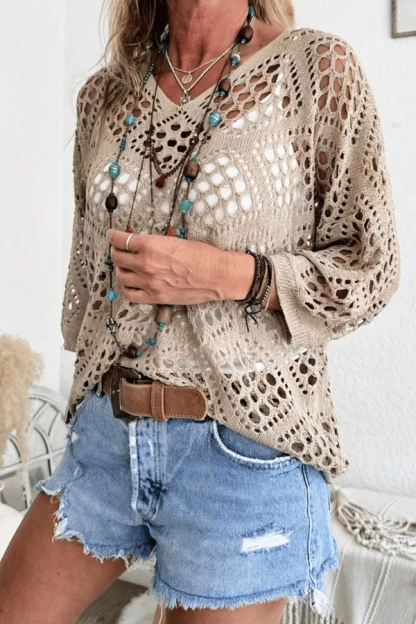 Women’s Crochet Beach Cover-Up Sweater – Lightweight Hollow-Out V-Neck Top（Buy 2 Free Shipping）