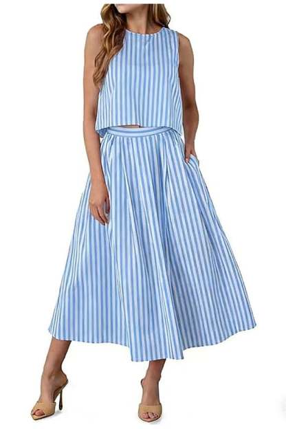 Women’s Striped Sleeveless Midi Skirt Set（Buy 2 Free Shipping）