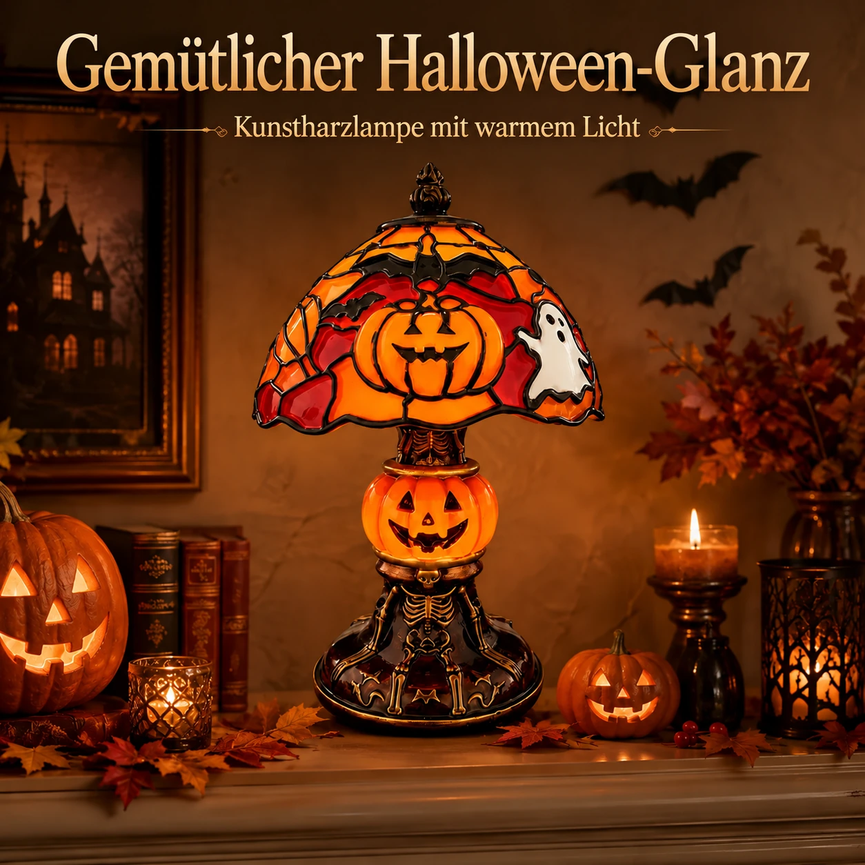 Halloween-Tischlampe im Buntglasstil mit gemütlichem Licht