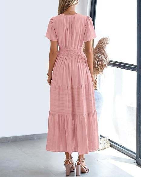 Women’s Casual V-Neck Flowy Maxi Dress – Short Sleeve Summer Beach Dress