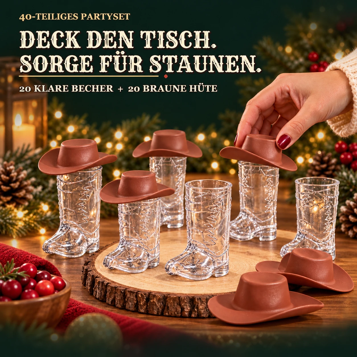 Klare Cowboy-Stiefelbecher und braune Minihüte für eine Western-Weihnachtsparty gestaltet