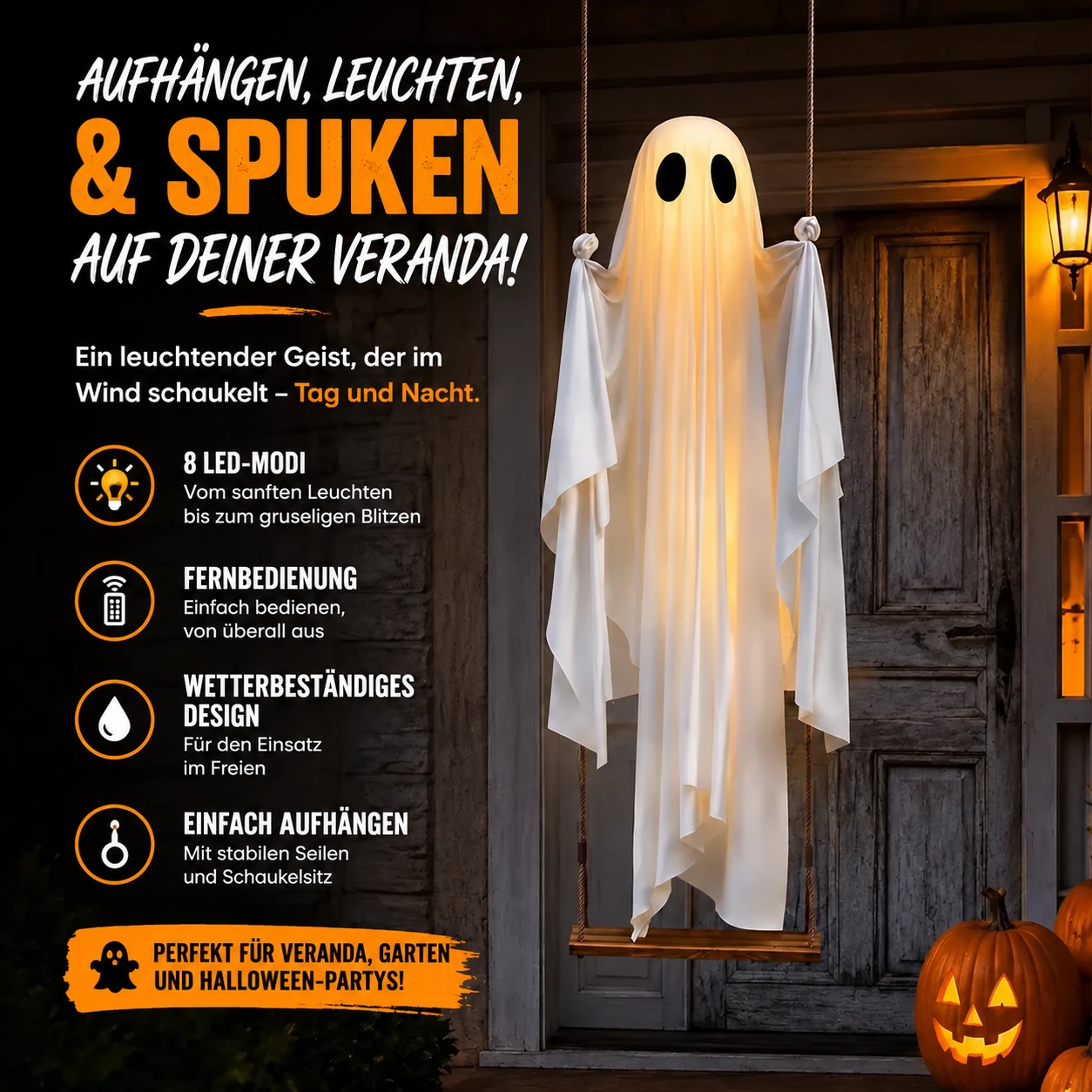 👻Hängender schaukelnder Geist mit LED-Licht als Halloween-Dekoration