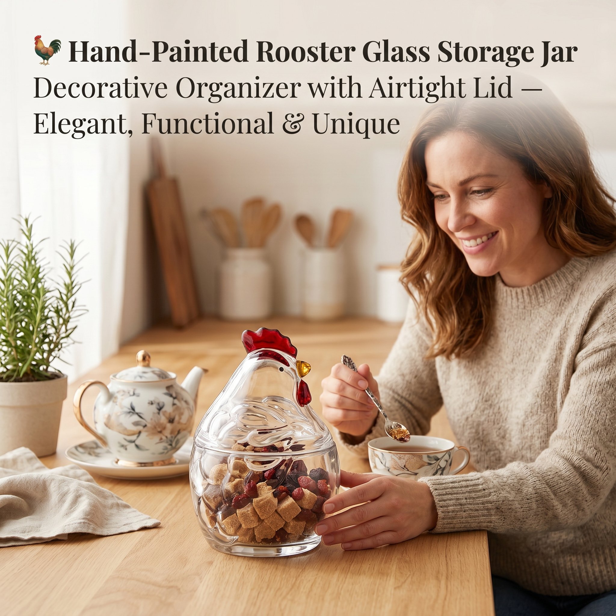 🐓 Hand-Painted Rooster Glass Storage Jar
