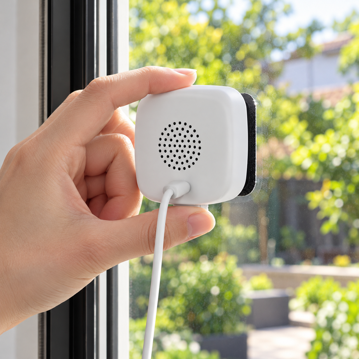 Hand beim Anbringen der verkabelten Kamera innen an der Fensterscheibe