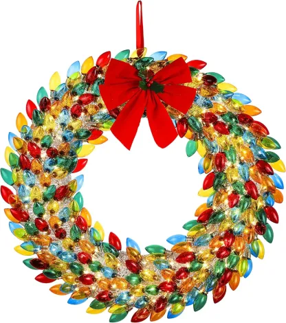 Multicolor Lighted Christmas Bulb Wreath