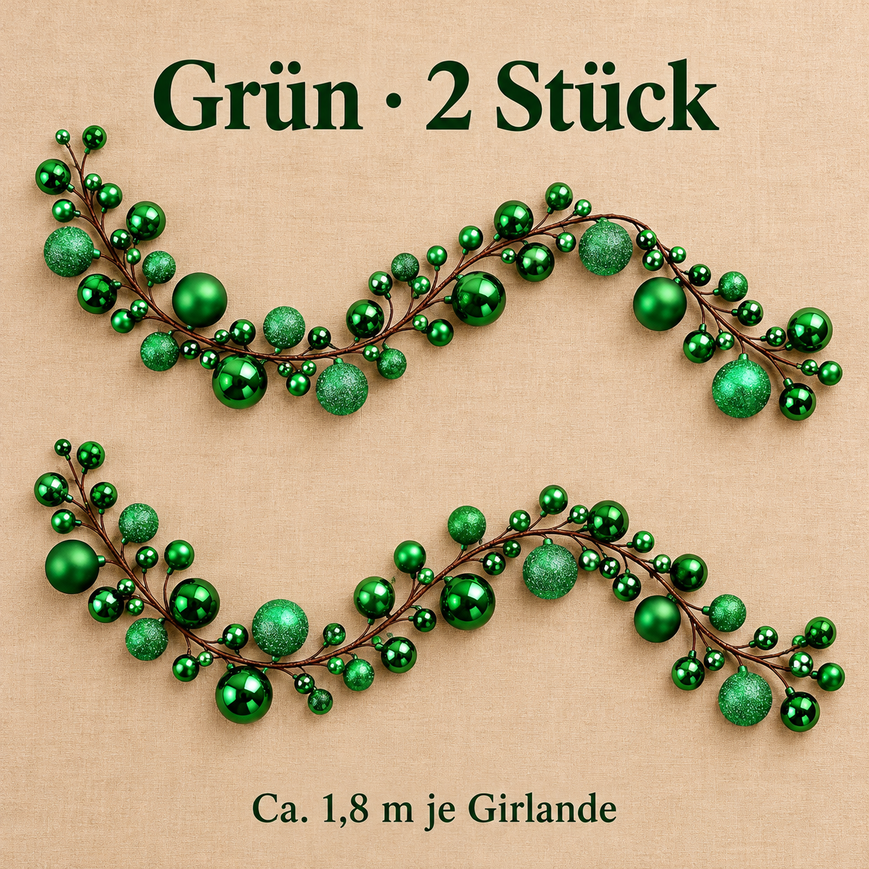 Grün · 2 Stück Kugelgirlande, ca. 1,8 m je Stück