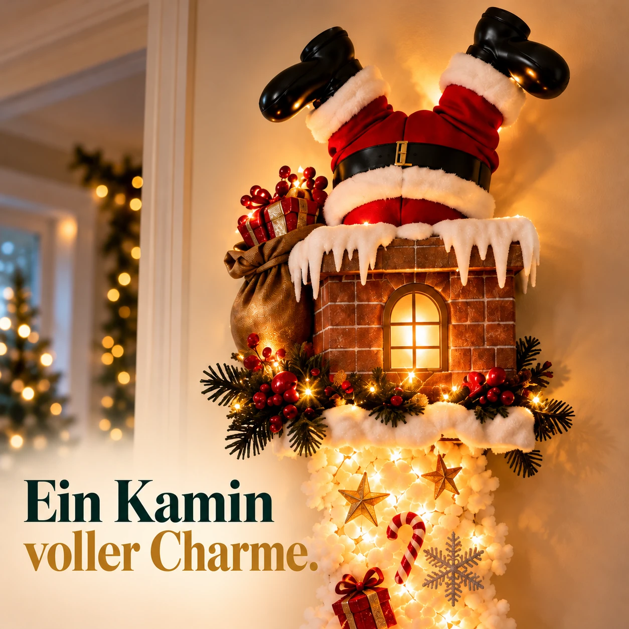 Weihnachtsmann-Kamin-Wanddekoration mit leuchtender Schneekaskade