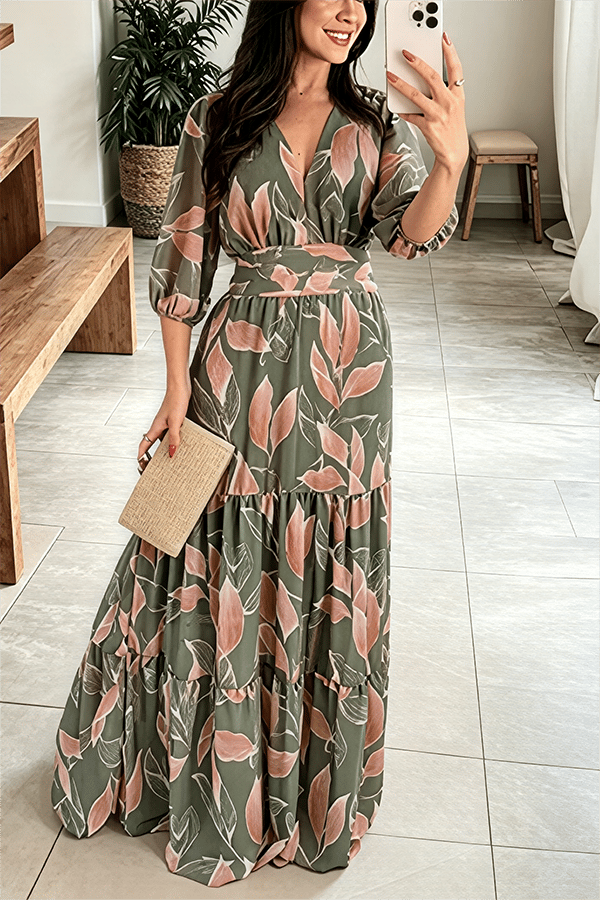 Bohemian Floral Maxi Dress for Women – V-Neck Puff Sleeve Summer Dress