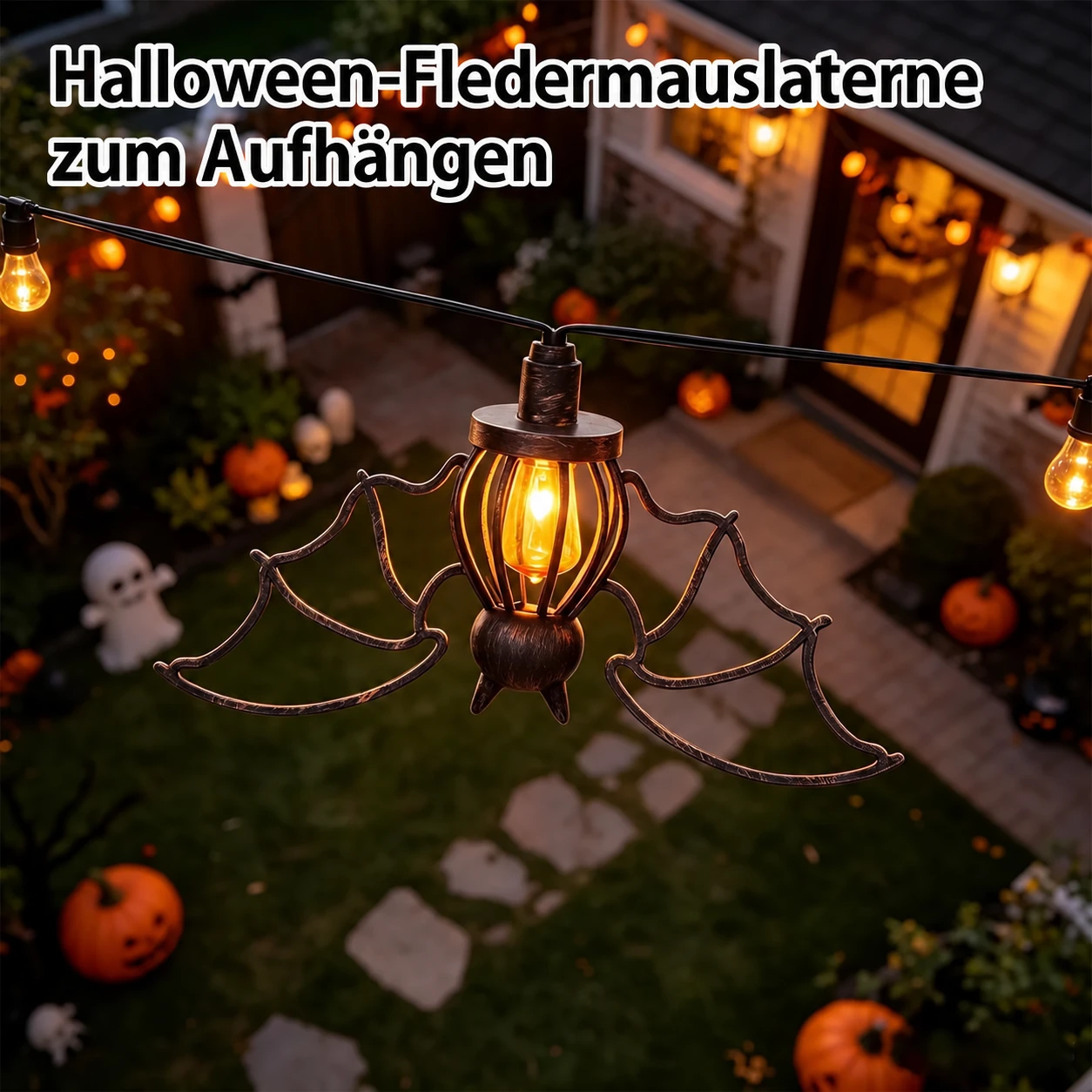 Halloween-Lichterkette mit Spinnen oder Fledermäusen und gespenstischem Licht – 5er-Set