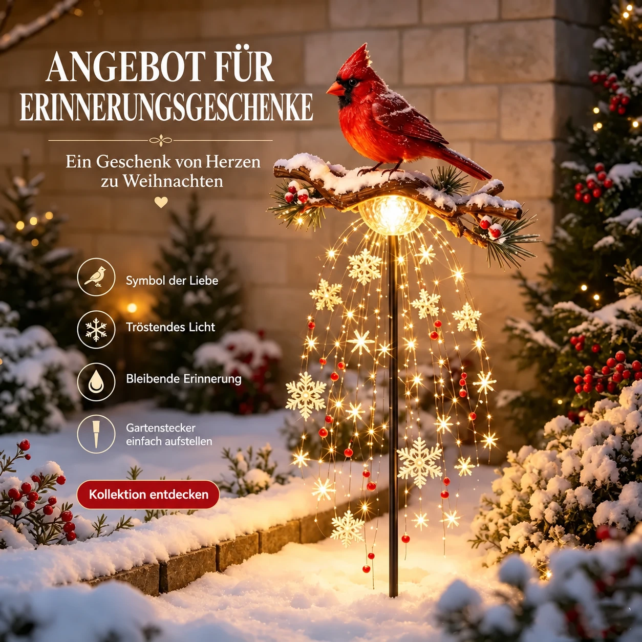 Kardinalvogel-Erinnerungsgeschenk in einem schneebedeckten Weihnachtsgarten