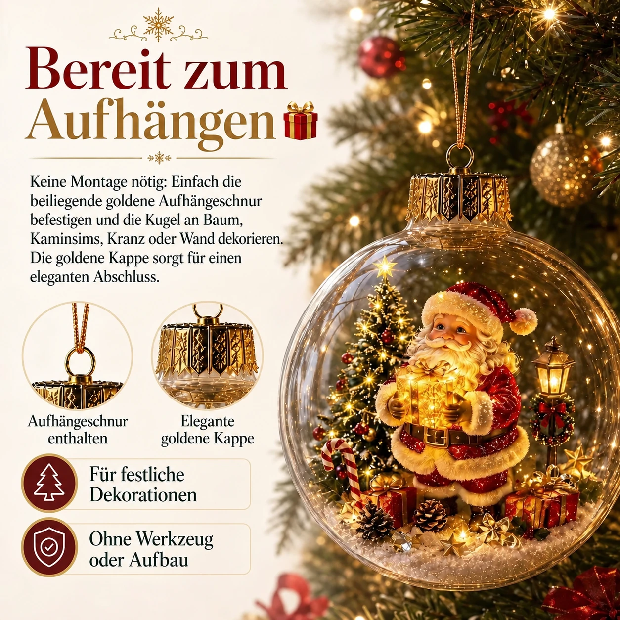 Goldene Aufhängeschlaufe und direkt dekorierbares Ornamentdesign
